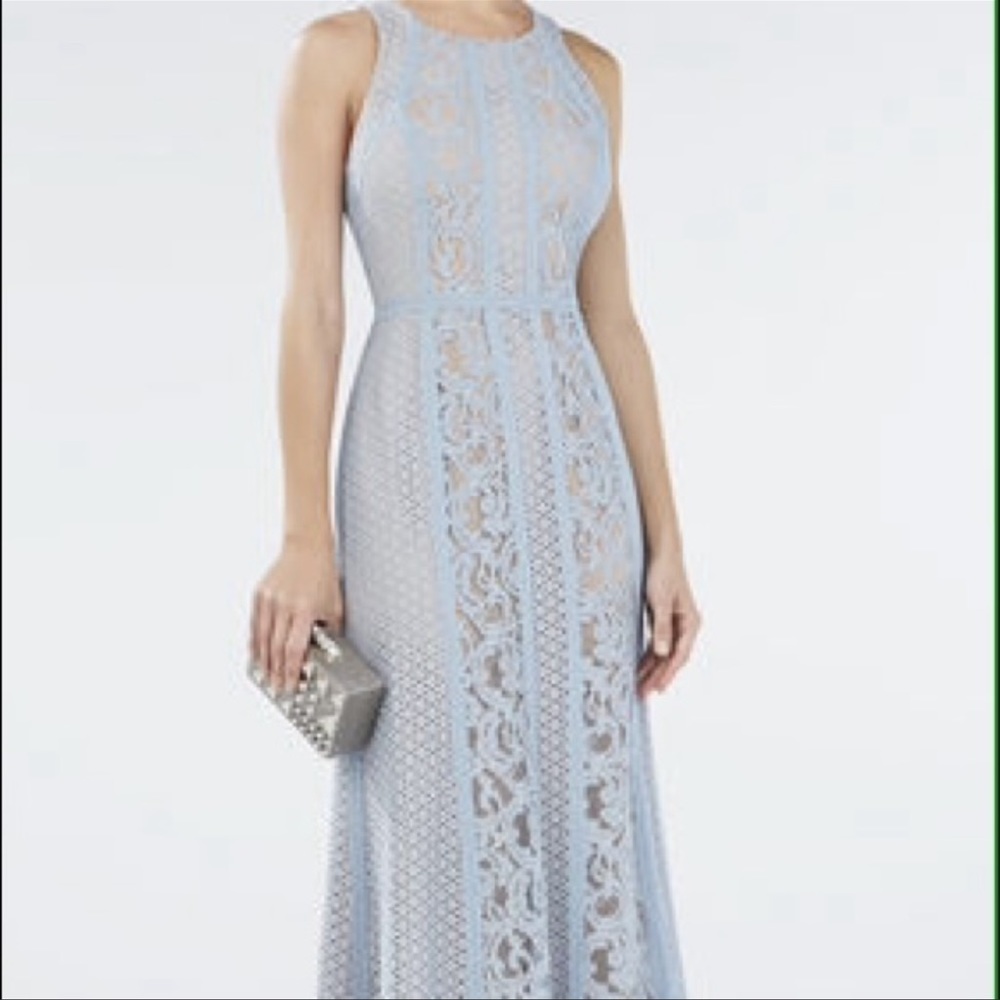 BCBG Maxazria Ariella Lace-Blocked Halter Gown